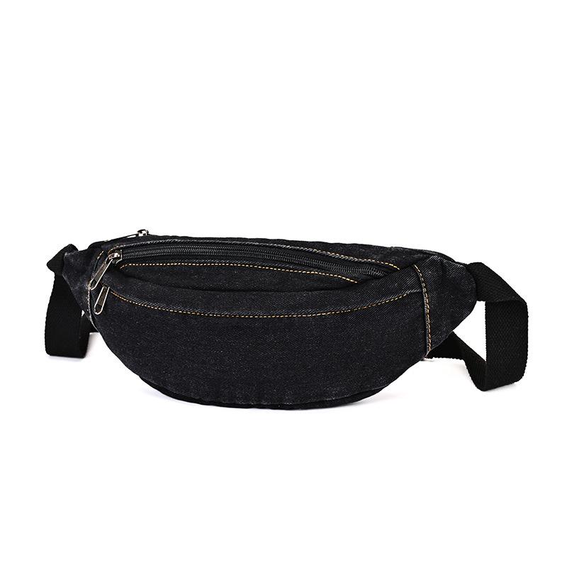 Sac bandoulière en jean pour femme Sac banane bandoulière Sac de poitrine décontracté en forme de demi-lune Sac de taille en jean bleu avec sangle réglable pour le voyage noir