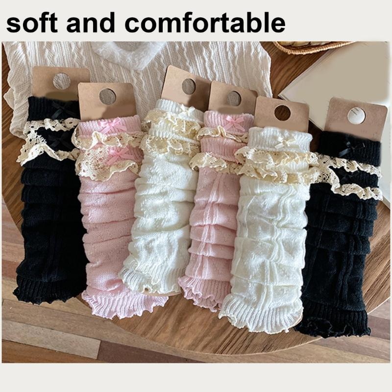 Women Fairycore Knitted Leg Warmers Calf Socks Japanese Sweet Bowknot Ruffled Lace Trim Leg Covers Boot Cuffs Stockings