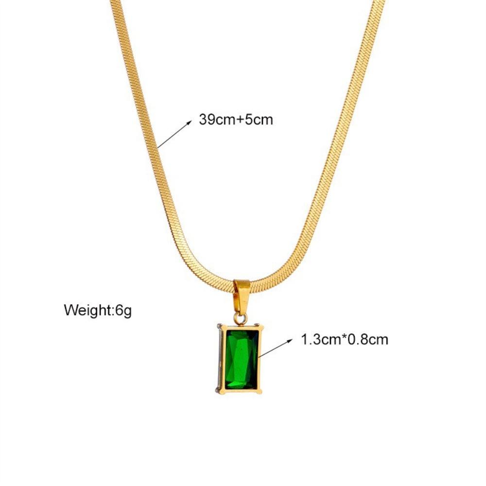 Temperament Luxury Geometric Square Green Zircon Pendant Gold Color Stainless Steel Snake-bone Chain Necklace for Women Jewelry