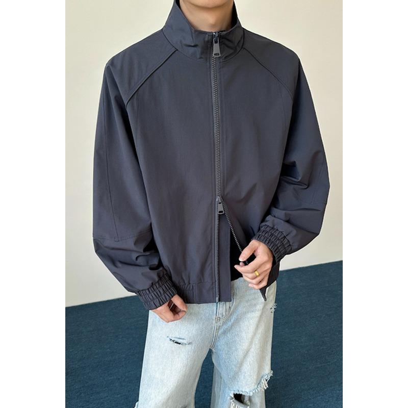 Men Stand Collar Zip Up Raglan Jacket Loose Casual Wind Resistant Outerwear for Autumn
