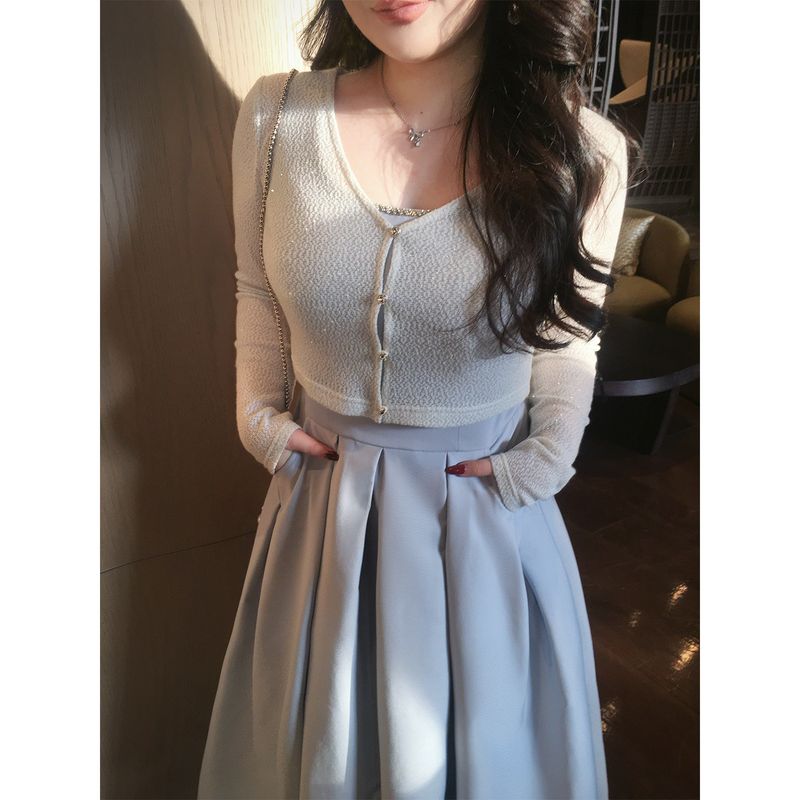 

Apanjia Plus Size Women s Clothing Early Spring French Style Exquisite Rhinestone Embellished Slimming Vest Dress for Plus Size Women Q8663 Off-White Cardigan Top XL