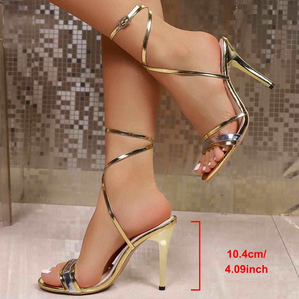 10Cm Gold High Heels Sandals for Women Ankle Cross-Tied Stiletto Heeled Party Shoes Woman Plus Size 35-43 Pointed Toe Sandalias