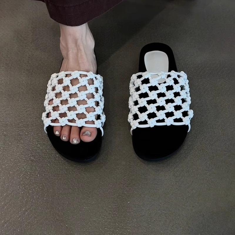 Schafsfell-Version~ Handgewebtes Fischernetz Hohl Dicksohlige Strandschuhe Damen Weiches Leder Vielseitig Lässig Runde Spitze Offene Zehen Sandalen