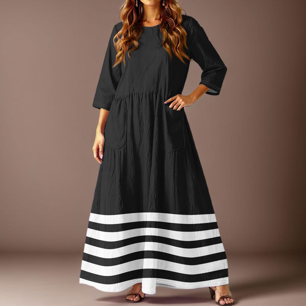 Women's Casual Fashion Striped Printed Three-quarter Sleeve Pocket Long Dress