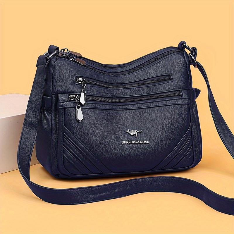 Women's Leather Crossbody Bag Multi-Zipper Pocket Purse with Adjustable Strap Textured Handbag