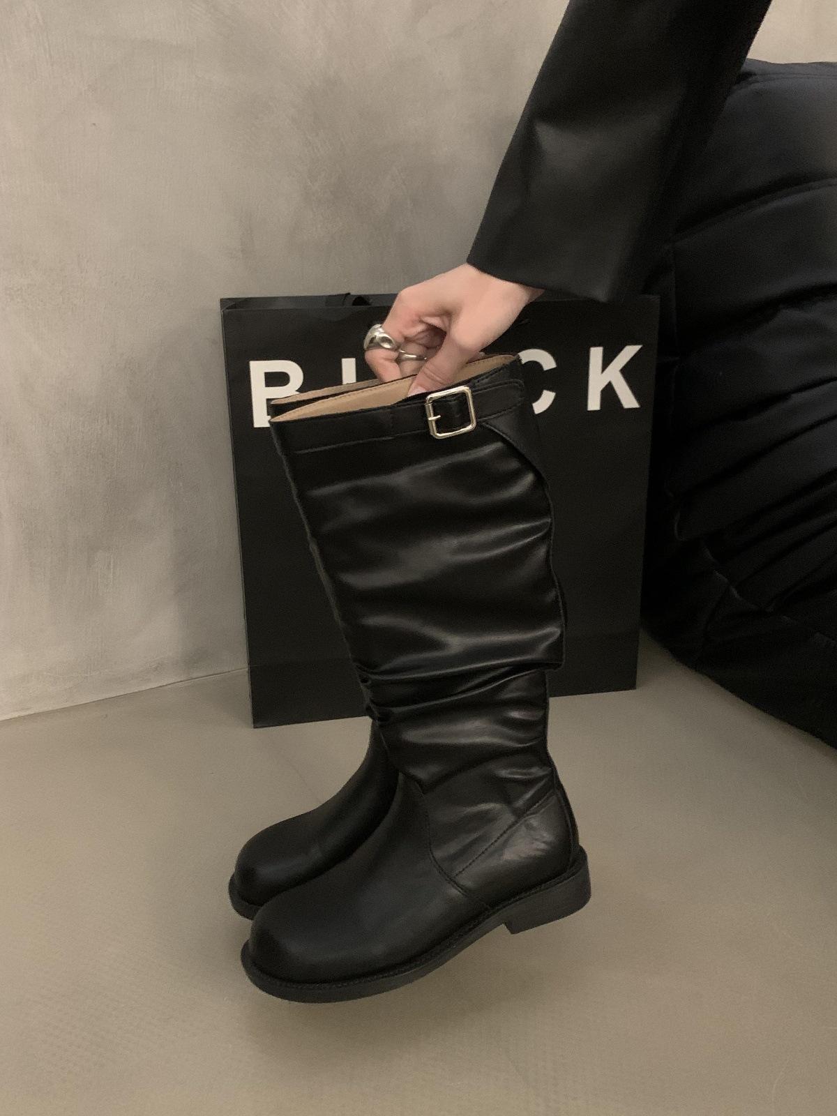 

Vintage khaki long women s boots thick heel tall summer western cowboy boots stacking boots 35 чёрный