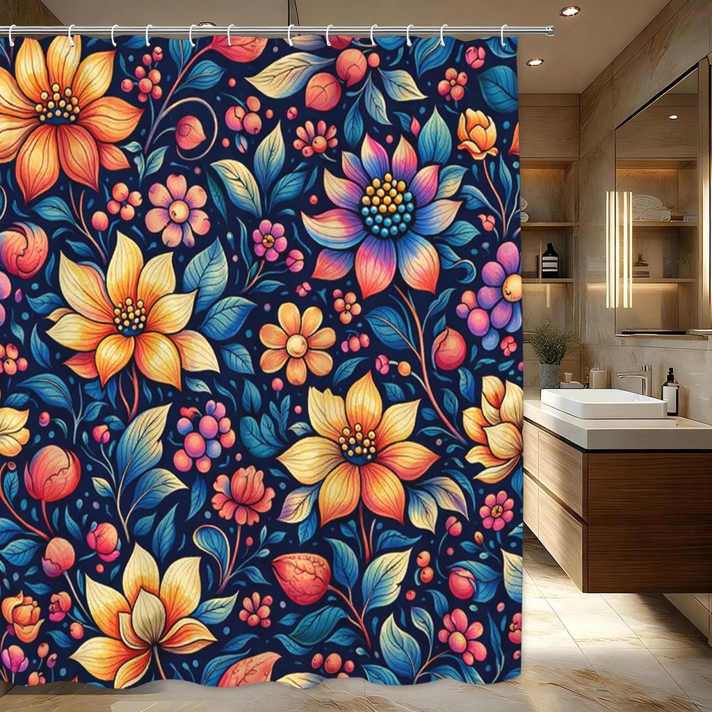 Vibrant Floral Pattern Polyester Shower Curtain - Stylish Bath Decor, Fashionable Bathroom Partition for Home & Hotel