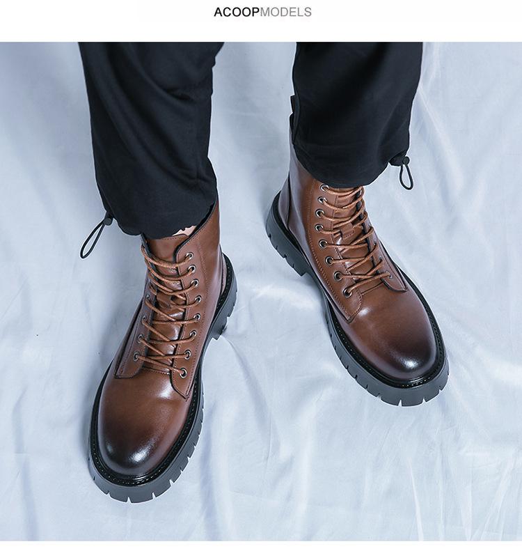 Men's Plus Size Retro High-Top Leather Martin Boots - Thick Sole, Lace-Up, and Wear-Resistant for Height-Increasing Workwear.