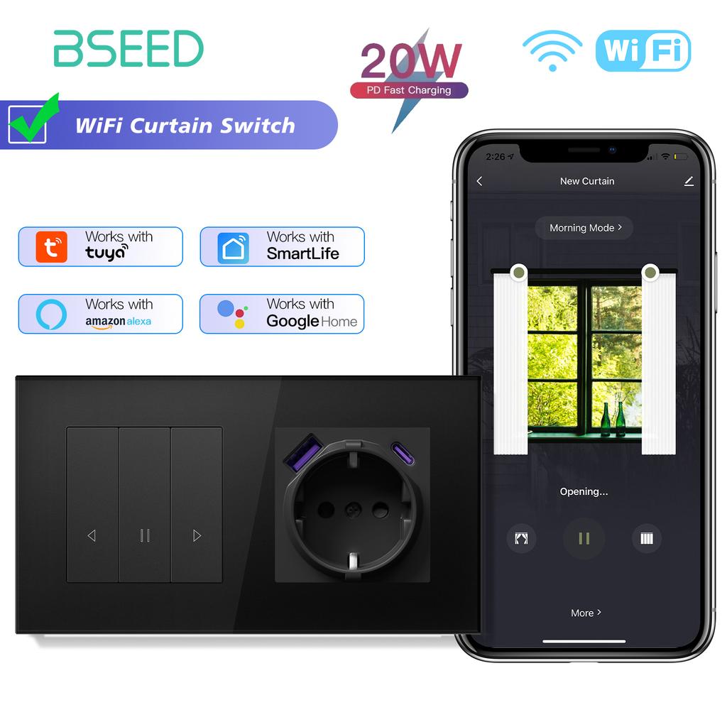 BSEED Smart Curtain Switch Series Wall WIFI Click Switches Yellow Backlight Glass Frame Tuya APP Switch EU Wall Sockets with USB