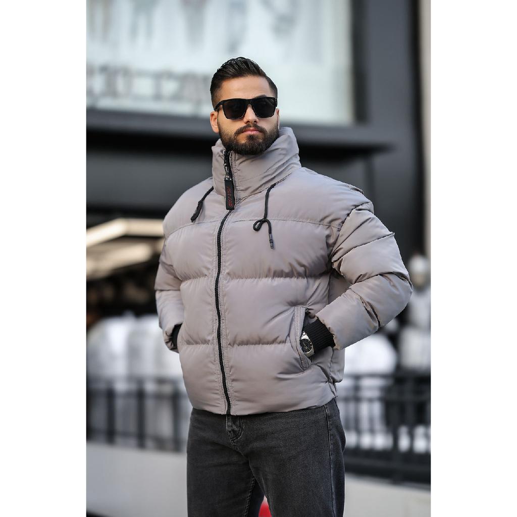 Concealable Hooded Men's Puffer Nubuck Leather Coat
