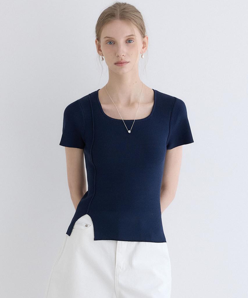 OURHOPE Ribbed Square Neck Slit Knit - Navy