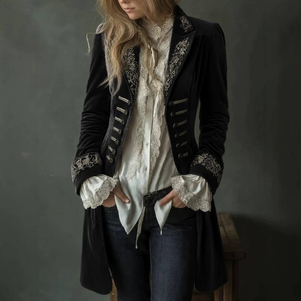 Women's Turn Down Collar Long Sleeve Blazer Regular Fit Elegant Embroidered Velvet Coat