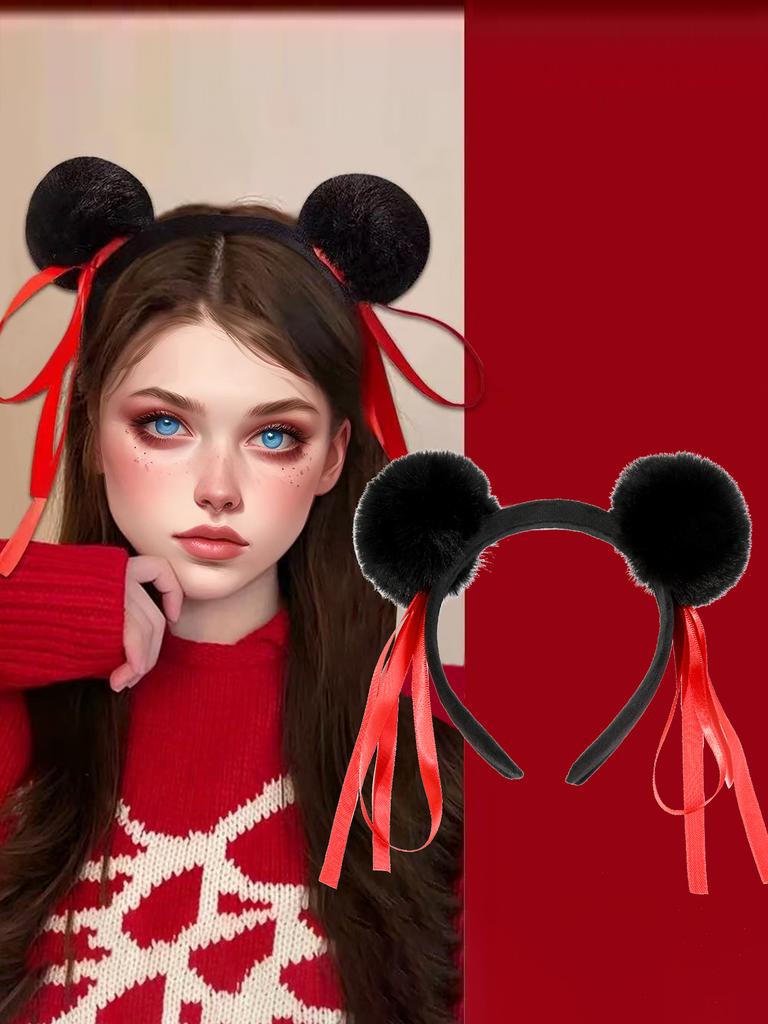1Pcs Red Nezha Headband for Women Fluffy Ball Headpiece Cute Pom Hair Accessory Chinese Costume Headwear