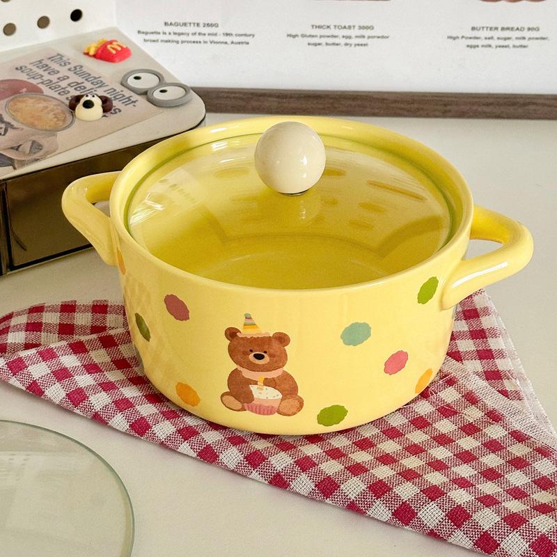 Cute Polka Dot Binaural Instant Noodle Bowl with Cover Student Dormitory Large Capacity Instant Noodle Bowl Personal Special Snail Powder Bowl
