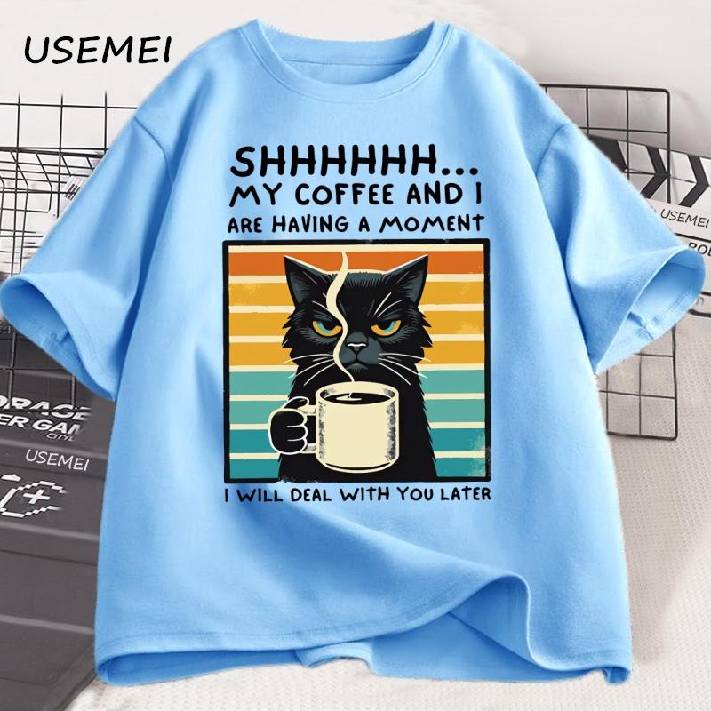 Funny Coffee Cat TShirt Summer Cotton Short Sleeve Cat Mama T Shirt Coffee Lover Tee Shirt Retro Cat T Shirt Unisexs Clothes