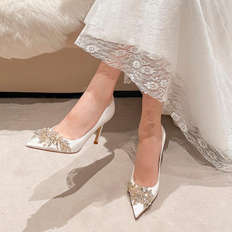 Fashion White Stiletto Heel Wedding Shoes Bride New Women Luxury Pointed Pumps Design Ladies Wedding Fashion Sparkly Heels