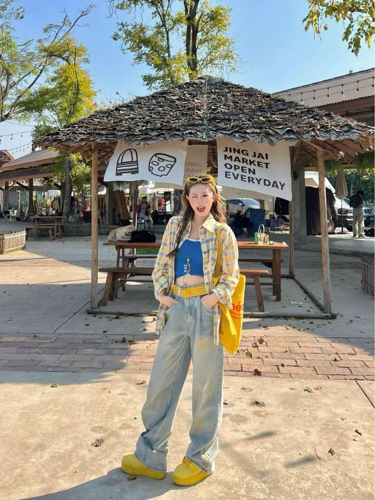 Damen Amerikanische Retro Gelb Kariert Langarm Sonnenschutzhemd - Herbst Dünn Locker Geschnittene Bluse