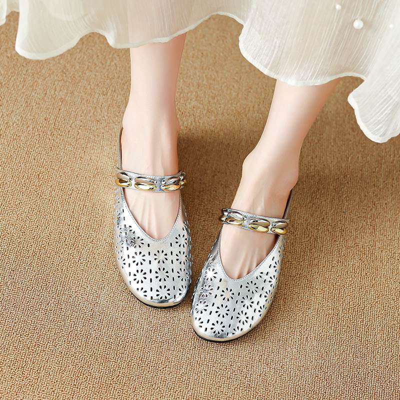 Krazing Pot Cow Skin Mules Round Toe Size 42 Low Heels Slip On Light Shoes Increased Hollow Style Autumn Pumps