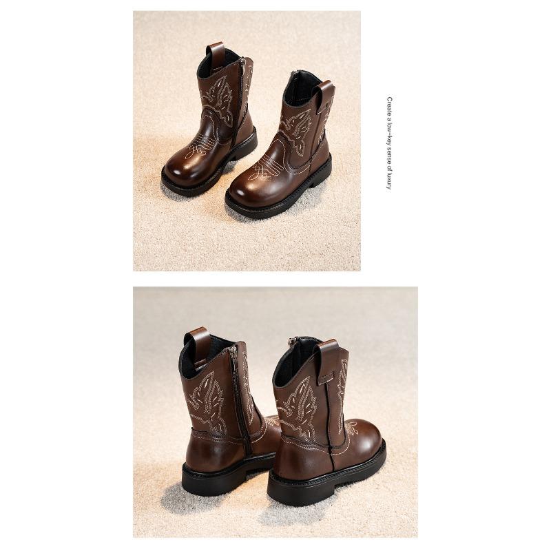 American Retro Girl Boots Princess Embroidery New Leather Boots Children Fashion Leather Boots Knight Boots