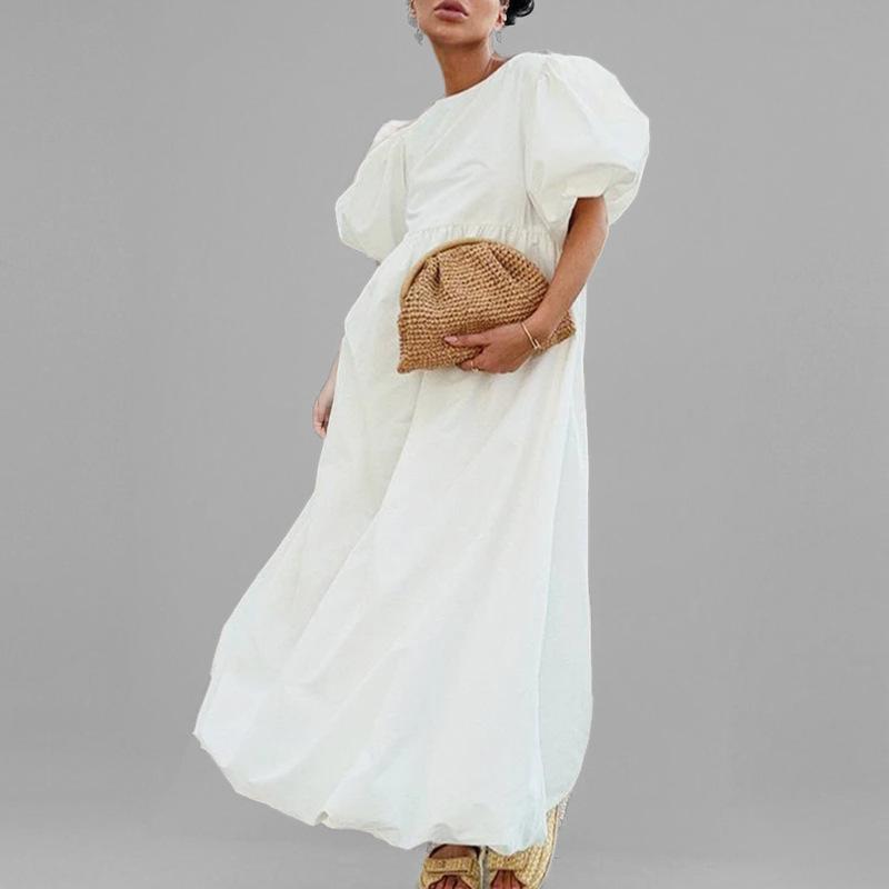 Spring and Summer New Women's Round Neck Puff Sleeve Solid Color Loose Temperament Dress for Women