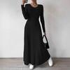 Fashionable Knitted Long Sleeve A- Line Streetwear Dress Women Smooths and Slims Your Silhouette Solid Color Long Dress