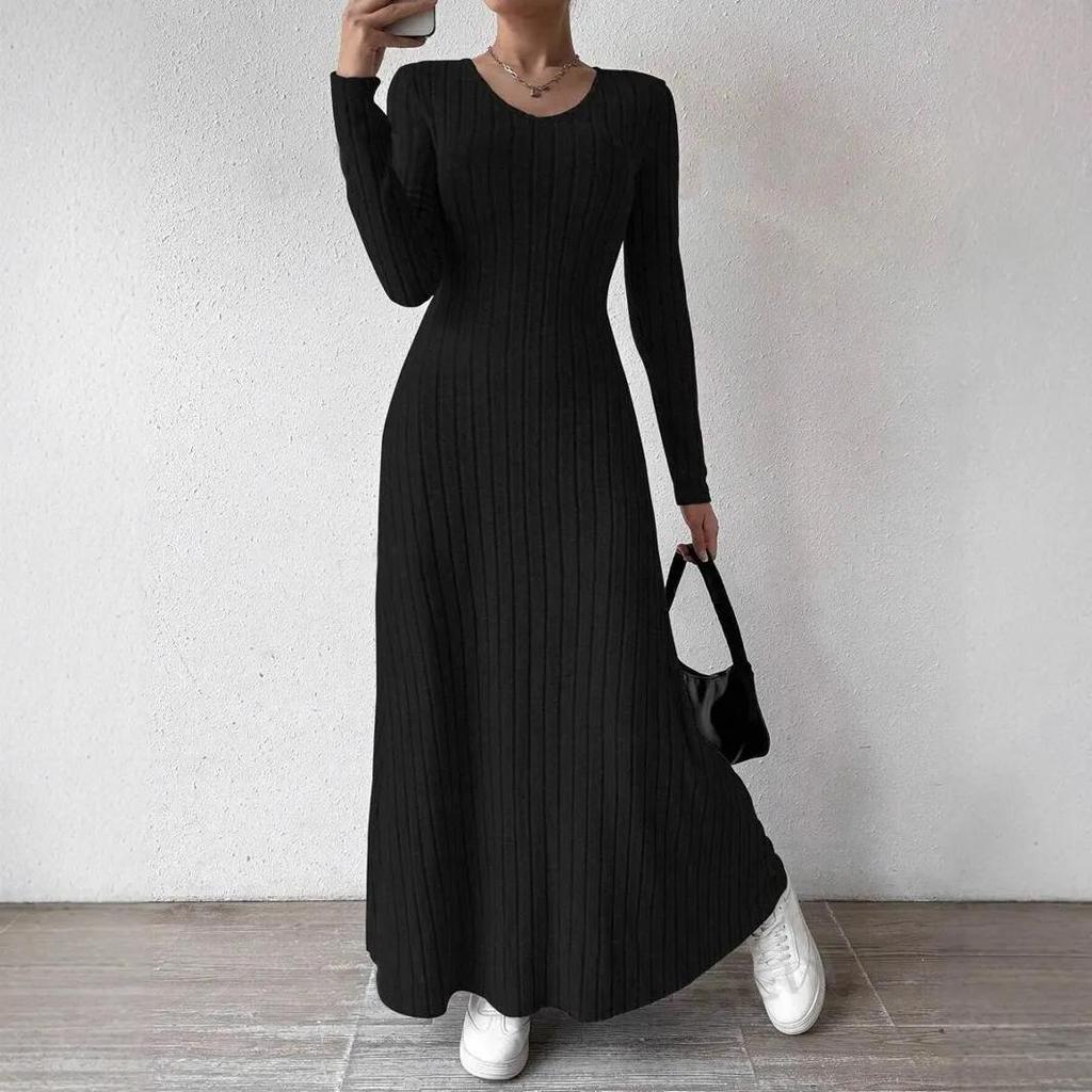 Fashionable Knitted Long Sleeve A- Line Streetwear Dress Women Smooths and Slims Your Silhouette Solid Color Long Dress