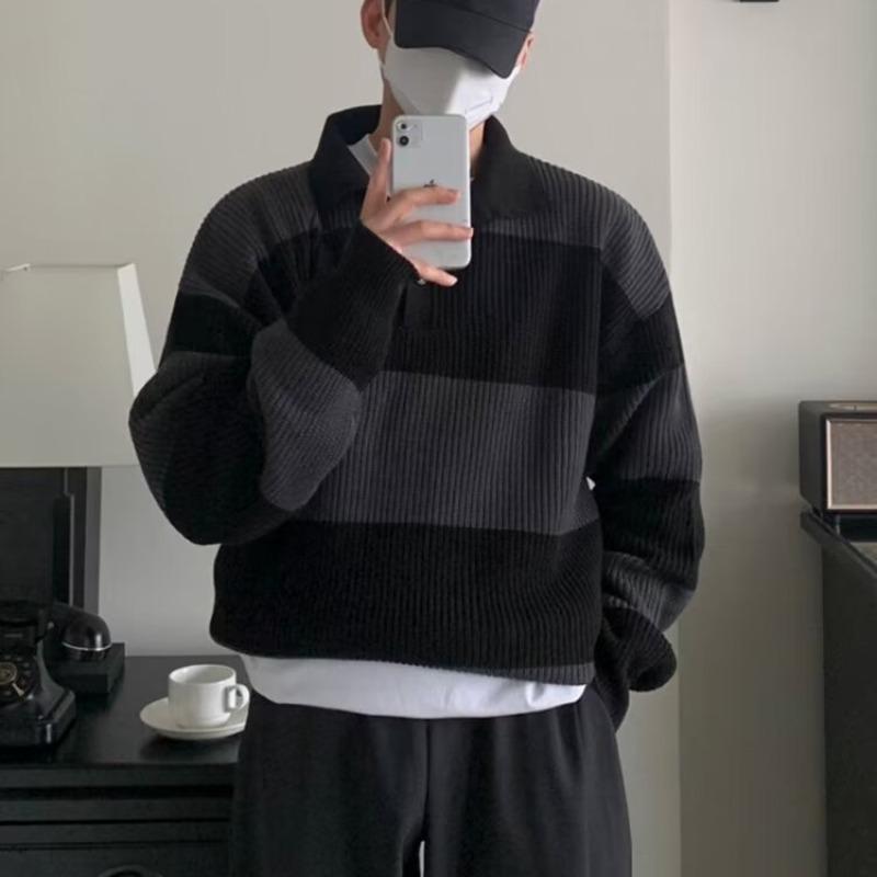 Мужской модный ретро-свитер-поло в полоску L