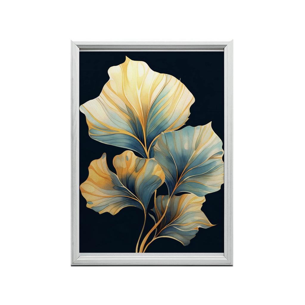 Liście W Akwareli - Ciemny Akwamaryn I Bursztyn Liście W Akwareli - Ciemny Akwamaryn I Bursztyn, 30X40 Cm, Rama Aluminiowa Czarna, Papier Matowy 230 G