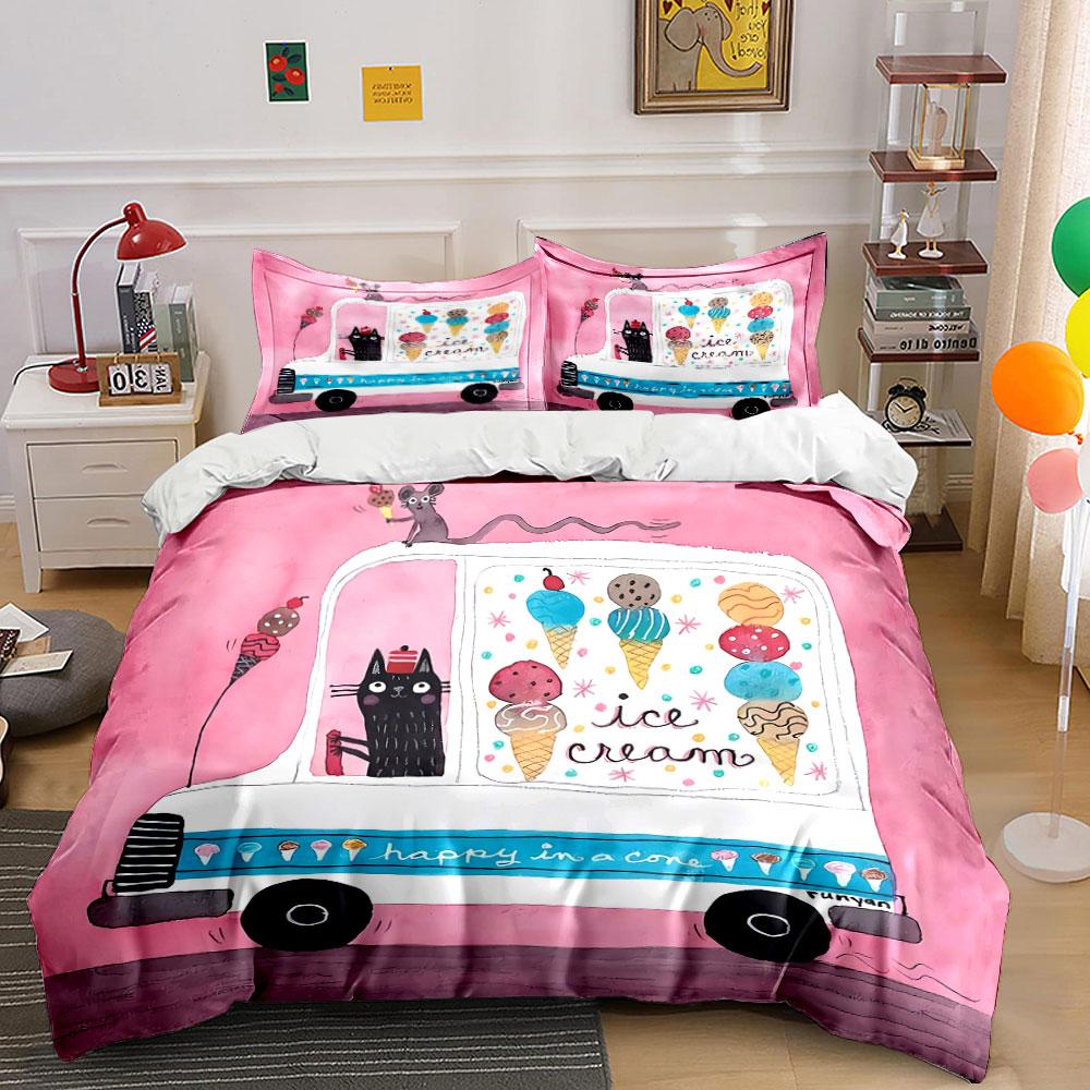 Ice Cream Truck with Cat Print Bedding Duvet Cover Set Duvet Cover Pillowcases (1*Duvet Cover 2*Pillowcases, Without Duvet Insert)