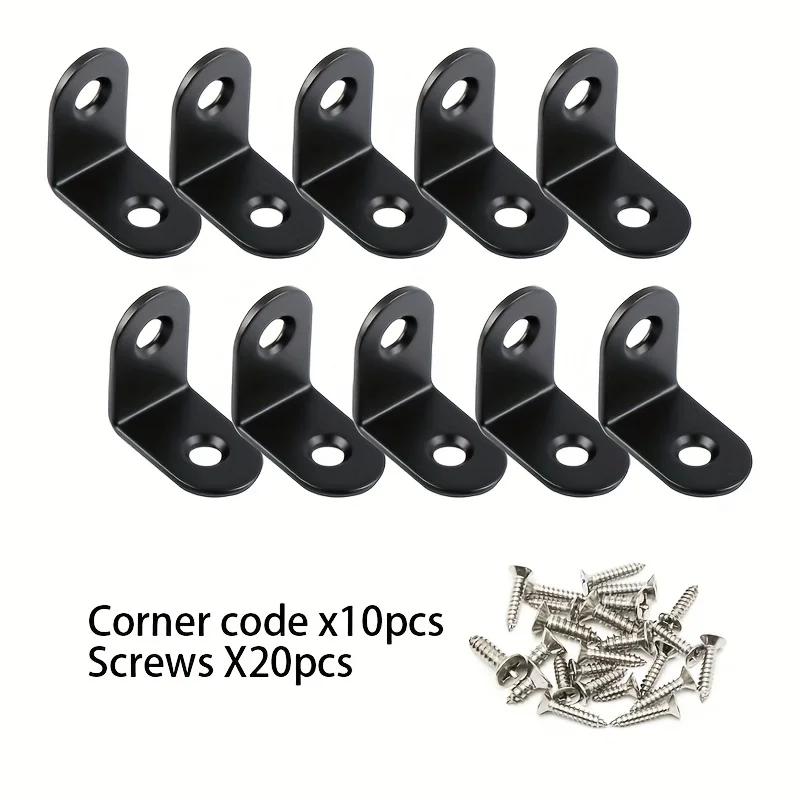 Heavy Duty L-Shaped Corner Brackets 20x20mm Stainless Steel & Black Iron with Screws - 10/20 Sets for Wardrobe/Wall/90° Fixing