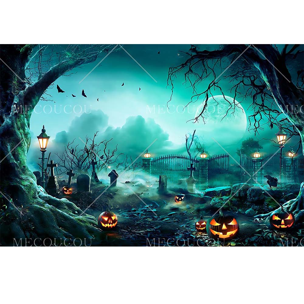 Halloween Backdrop Horror Night Full Moon Pumpkin Skull Castle Cemetery Halloween Party Adult Kids Background Decor Customized