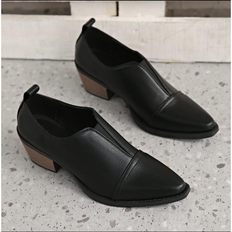 Women's British Style Pointed Toe Shoes with Thick Heels Soft Leather Deep Mouth Low Heel Elastic Band Soft Shoes