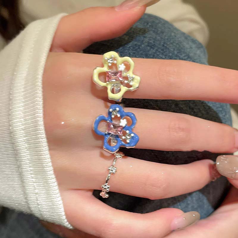 Y2K Colorful Drip Oil Flower Rings for Women Sweet Cute Geometric Block Zircon Rings Fashion Aesthetic Jewelry Gifts Wholesale
