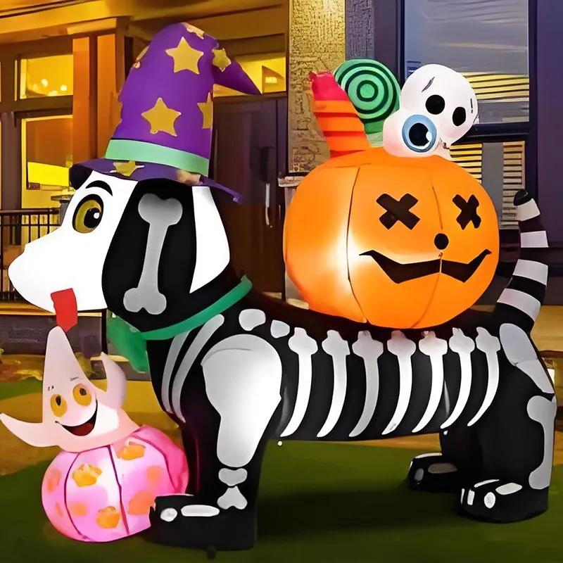 5FT Halloween Outdoor Inflatable Toys Decorations Skeleton Dog with Pumpkin LED Light Up Blow Up Outside Lawn Inflatable Model