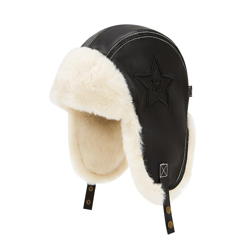 Vintage star leather, velvet, thickened warm and cold ear protector, ski riding cap.