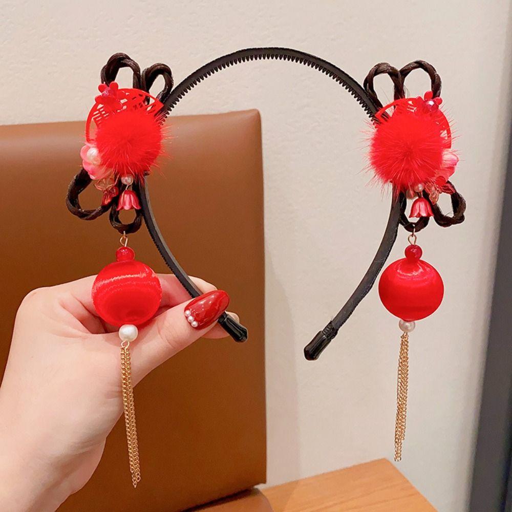 Red Flower Tassel Headband Pearl New Year Headwear Cute Hanfu Wig Headband  Children