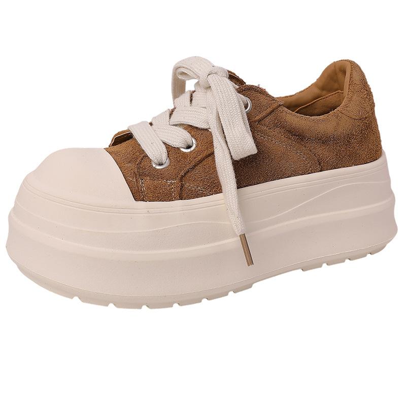 Fashion Versatile Round Head Thick Sole Heightening Commuter Suede Casual Shoes Women's 2025 Spring and Autumn New Big Head Thick Board Shoes