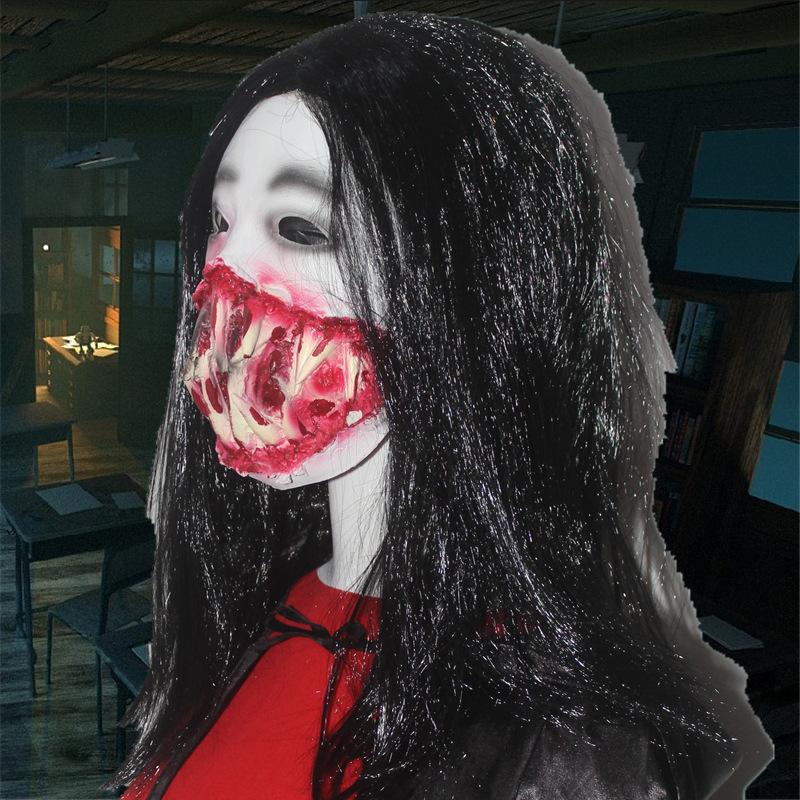 Horror Mask Black Hair and Fangs Prank Full Face Halloween Cosplay Dance Party Scary Latex Headgear
