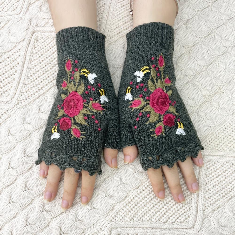 Vintage Embroidery Knitted Gloves Floral Fingerless Gloves All-Match Winter Wool Gloves  Outdoor