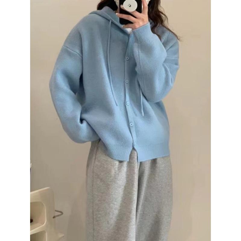 

Весенне-осенний новый кардиган крупной вязки конфетных цветов с капюшоном в ленивом стиле, женский однобортный свитер-жакет свободного кроя и модный One size синий
