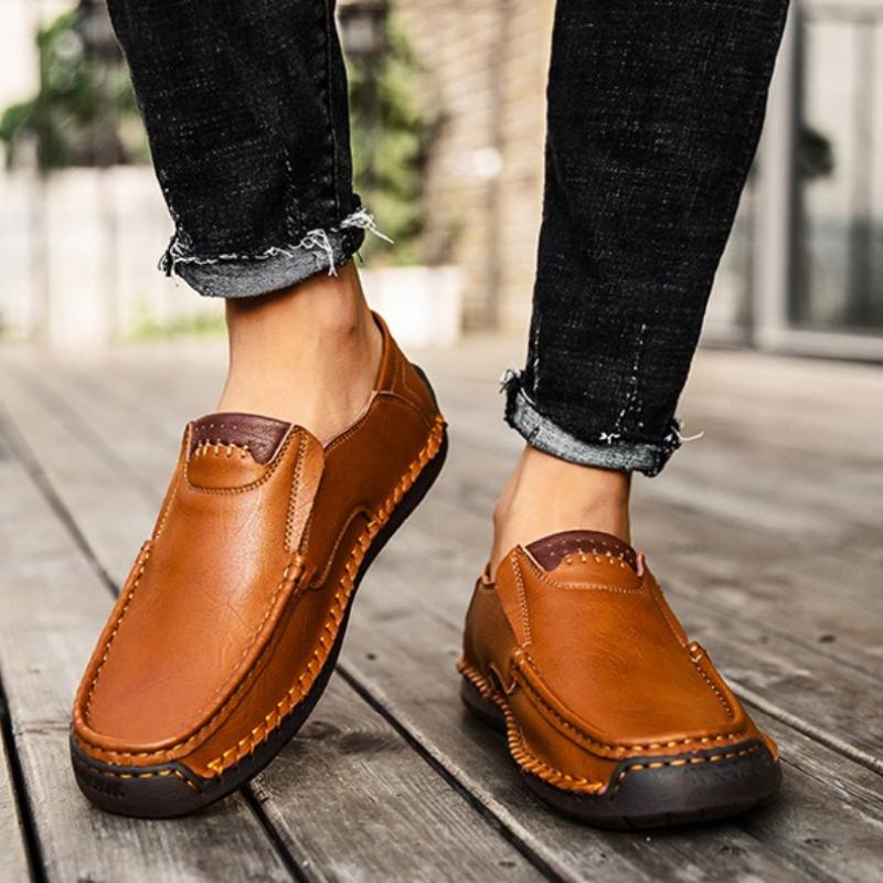 Men's Slip-on Casual Leather Shoes Hand-stitched Plus Size 36-50 Loafers Non-slip Soft Sole Flats for Walking Driving