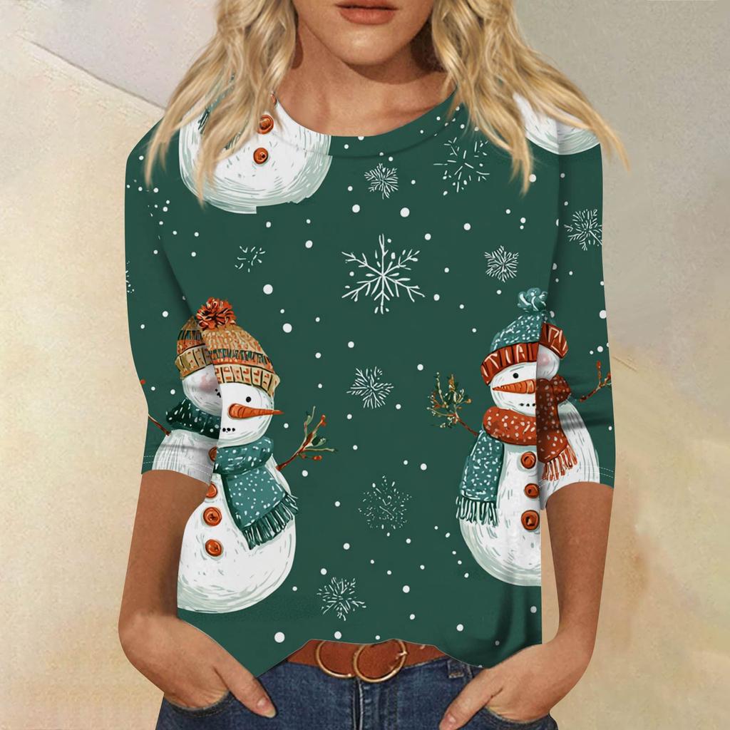 Women's Fashionable Casual Three-Quarter Sleeve Halloween Print Round Neck Top