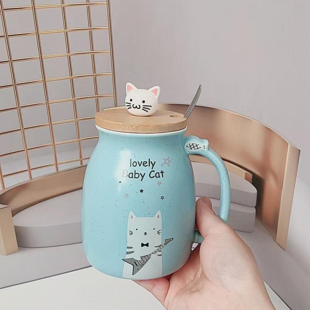 Niedliche Cartoon Katze Keramiktasse mit Deckel Löffel Große Kapazität Becher Haushalt Kaffeetasse Frühstück Milch Wasser