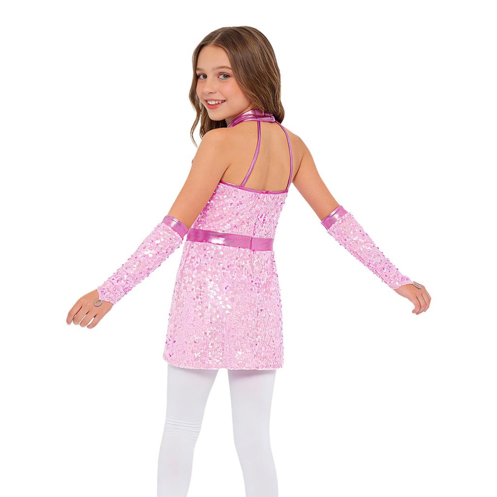 Kids Girls Jazz Dance Halter Dress Sleeveless Strappy Back Invisible Zipper Sparkling Sequins with 1 Pair Gloves for Stage Performance