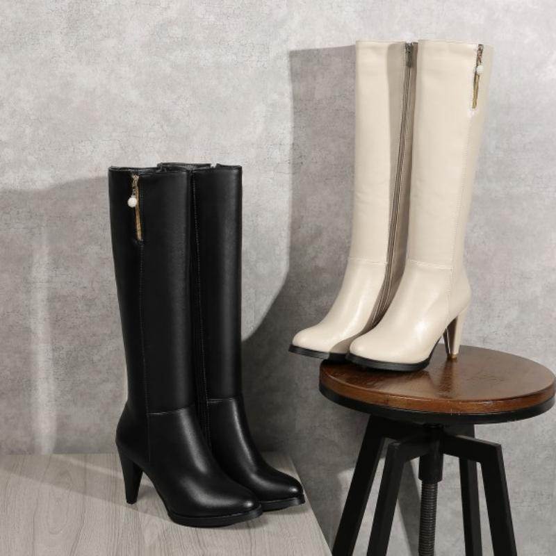 Women's Winter Knee High Boots Elegant Spike High Heel Long Fur Snow Boot Black Beige Zipper Warm Party Shoes Large Size 45