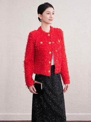 Französische Chic Tweedjacke: Leichter Luxus, Metallschnalle, Rundhalsausschnitt, Kurzer Strickstil