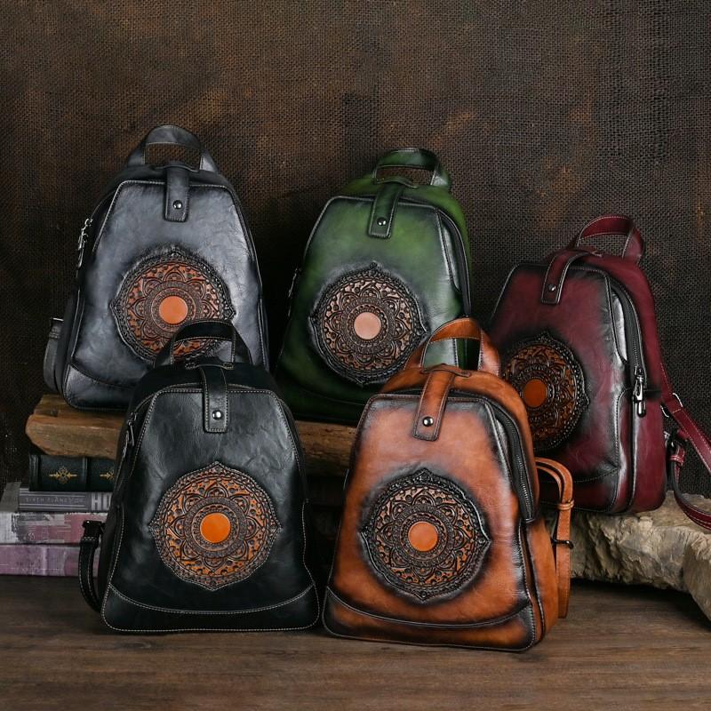 Johnature Vintage Totem Geprägter Rucksack, vielseitige Damen-Ledertasche, einfarbig, große Kapazität, Reiserucksäcke