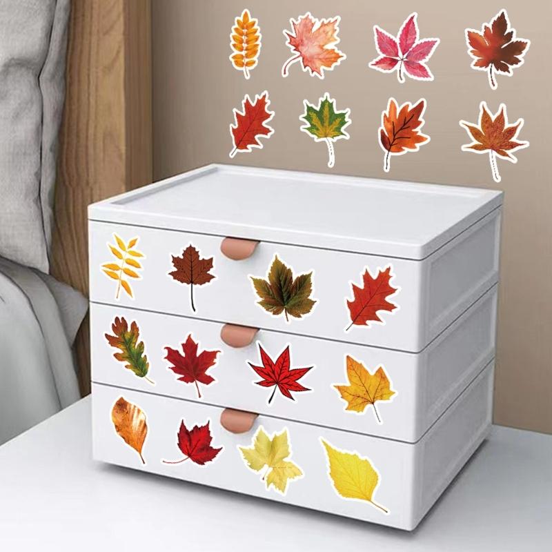 50 Sheets Removable Autumn Leaf Design Stickers For Notebook Wall Phone Cases Paper Maple Leaf Sticker Decorative Art
