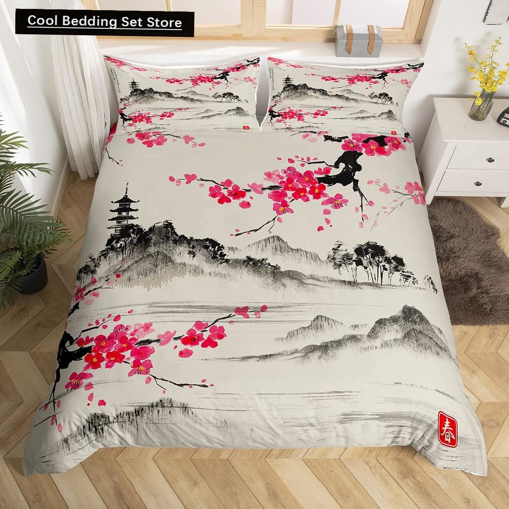Rosa Kirschblüten King Queen Bettwäscheset Frühlingsflora Bettbezug Japanische Blumen Steppdeckenbezug Weicher Polyester Bettdeckenbezug
