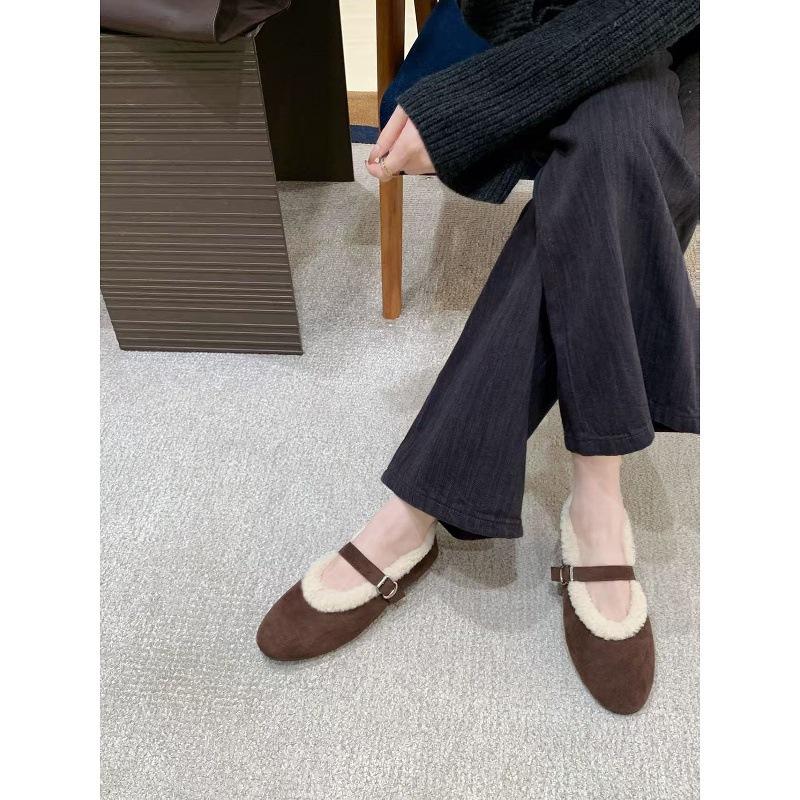Wool grape ma warm round head one-word buckle with flat bottom versatile Mary Jane shoes women's plush plush single shoes